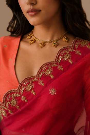 Buy Jhambthreads Red Silk Organza, Chanderi, Jacquard Saree With Unstitched Blouse Fabric Online at Aza Fashions Buy_Jhambthreads_Red Silk Organza, Chanderi, Jacquard Saree With Unstitched Blouse Fabric _Online_at_Aza_Fashions