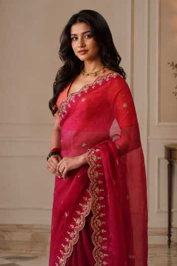 Shop Jhambthreads Red Silk Organza, Chanderi, Jacquard Saree With Unstitched Blouse Fabric Online at Aza Fashions Shop_Jhambthreads_Red Silk Organza, Chanderi, Jacquard Saree With Unstitched Blouse Fabric _Online_at_Aza_Fashions