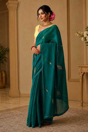 Jhambthreads Emerald Green Silk, Cotton Saree With Running Blouse Online at Aza Fashions Jhambthreads_Emerald Green Silk, Cotton Saree With Running Blouse _Online_at_Aza_Fashions