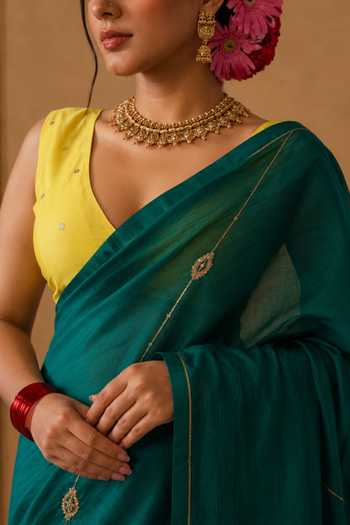 Buy Jhambthreads Emerald Green Silk, Cotton Saree With Running Blouse Online at Aza Fashions Buy_Jhambthreads_Emerald Green Silk, Cotton Saree With Running Blouse _Online_at_Aza_Fashions
