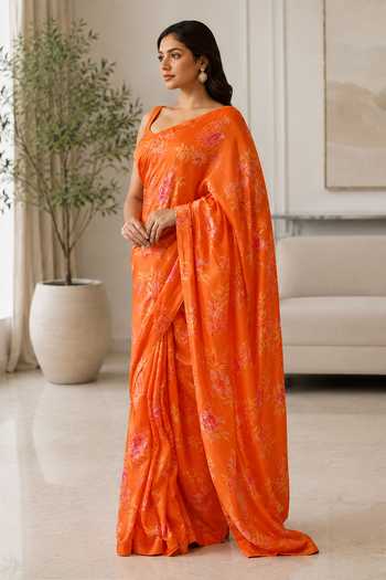 Jhambthreads Orange Silk, Modal, Dupion Floral Pattern Saree With Unstitched Blouse Fabric Online at Aza Fashions Jhambthreads_Orange Silk, Modal, Dupion Floral Pattern Saree With Unstitched Blouse Fabric _Online_at_Aza_Fashions