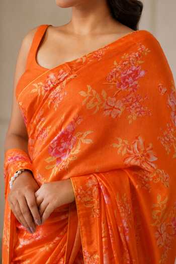 Buy Jhambthreads Orange Silk, Modal, Dupion Floral Pattern Saree With Unstitched Blouse Fabric Online at Aza Fashions Buy_Jhambthreads_Orange Silk, Modal, Dupion Floral Pattern Saree With Unstitched Blouse Fabric _Online_at_Aza_Fashions