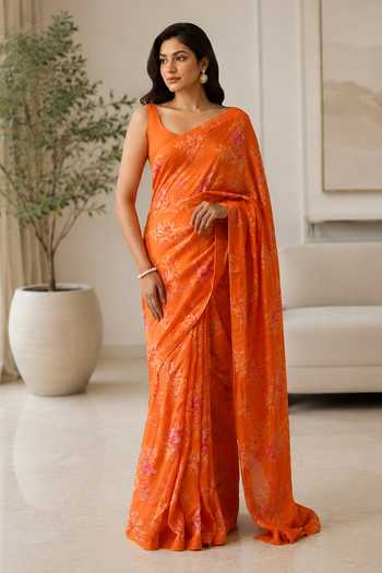 Jhambthreads Floral Pattern Saree With Unstitched Blouse Fabric 