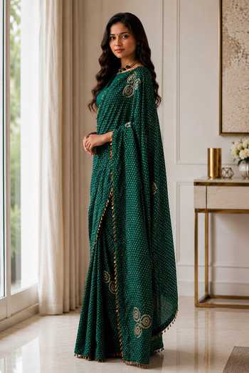 Jhambthreads Emerald Green Silk, Modal, Dupion Polka Dot Saree With Unstitched Blouse Fabric Online at Aza Fashions Jhambthreads_Emerald Green Silk, Modal, Dupion Polka Dot Saree With Unstitched Blouse Fabric _Online_at_Aza_Fashions