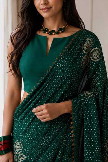 Buy Jhambthreads Emerald Green Silk, Modal, Dupion Polka Dot Saree With Unstitched Blouse Fabric Online at Aza Fashions Buy_Jhambthreads_Emerald Green Silk, Modal, Dupion Polka Dot Saree With Unstitched Blouse Fabric _Online_at_Aza_Fashions