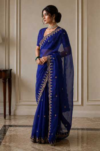 Jhambthreads_Blue Silk Organza, Chanderi, Jacquard Saree With Unstitched Blouse Fabric _Online_at_Aza_Fashions