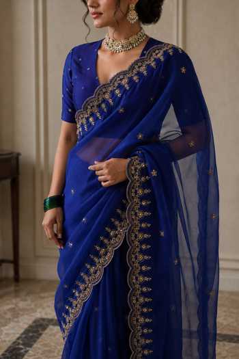 Buy_Jhambthreads_Blue Silk Organza, Chanderi, Jacquard Saree With Unstitched Blouse Fabric _Online_at_Aza_Fashions