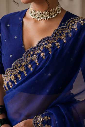 Shop_Jhambthreads_Blue Silk Organza, Chanderi, Jacquard Saree With Unstitched Blouse Fabric _Online_at_Aza_Fashions