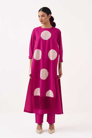 Shop Three Pink Poplin Fringe Round Neck Kurta Set With Overlay Online at Aza Fashions Shop_Three_Pink Poplin Fringe Round Neck Kurta Set With Overlay _Online_at_Aza_Fashions