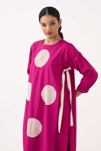 Shop Three Pink Poplin Fringe Round Neck Kurta Set With Overlay Shop_Three_Pink Poplin Fringe Round Neck Kurta Set With Overlay