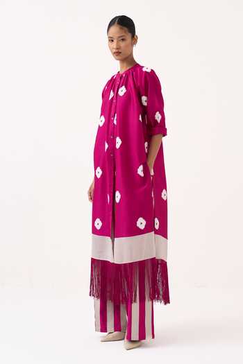 Buy_Three_Pink Chanderi, Poplin Round Neck Top And Pant Set _Online_at_Aza_Fashions