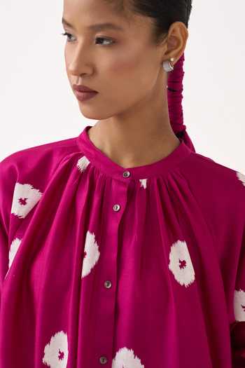 Buy_Three_Pink Chanderi, Poplin Round Neck Top And Pant Set 
