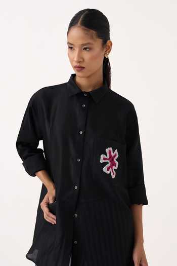 Buy Three Black Chanderi, Poplin Collared Neck Shirt And Pant Set Buy_Three_Black Chanderi, Poplin Collared Neck Shirt And Pant Set