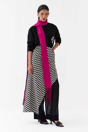 Buy_Three_Black Chanderi, Handloom Cotton, Twill, Organza Collared Neck Shirt Set _Online_at_Aza_Fashions