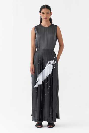 Shop Three Grey Round Neck Splash Print Metallic Tissue Top And Pant Set Online at Aza Fashions Shop_Three_Grey Round Neck Splash Print Metallic Tissue Top And Pant Set _Online_at_Aza_Fashions