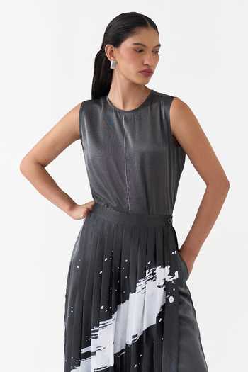 Three Grey Round Neck Splash Print Metallic Tissue Top And Pant Set at Aza Fashions Three_Grey Round Neck Splash Print Metallic Tissue Top And Pant Set _at_Aza_Fashions