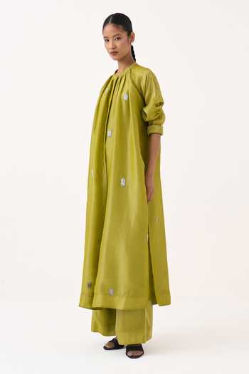 Shop_Three_Lime Tissue Round Neck Hand Embroidery Metallic Shirt And Pant Set _Online_at_Aza_Fashions