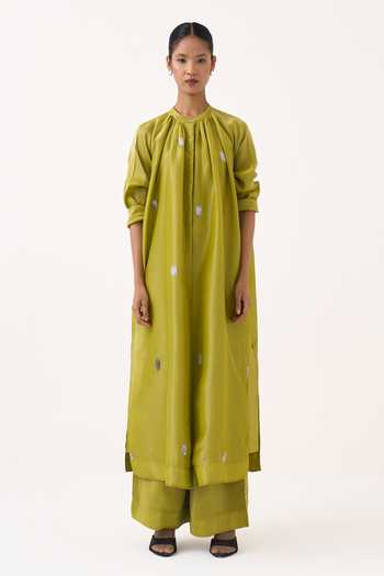 Three_Lime Tissue Round Neck Hand Embroidery Metallic Shirt And Pant Set _at_Aza_Fashions