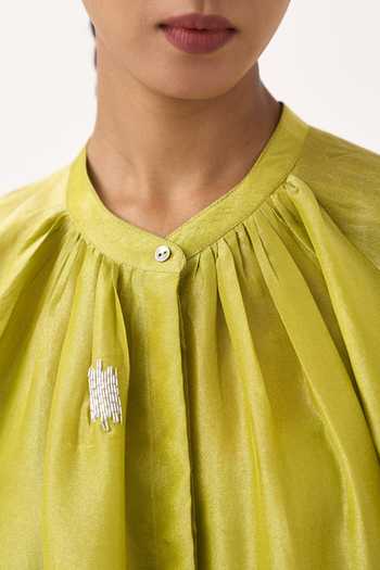 Buy_Three_Lime Tissue Round Neck Hand Embroidery Metallic Shirt And Pant Set 