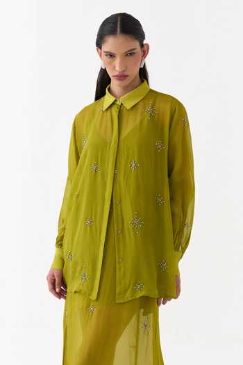 Three Lime Organza Collared Neck Shirt And Dress Set Online at Aza Fashions Three_Lime Organza Collared Neck Shirt And Dress Set _Online_at_Aza_Fashions