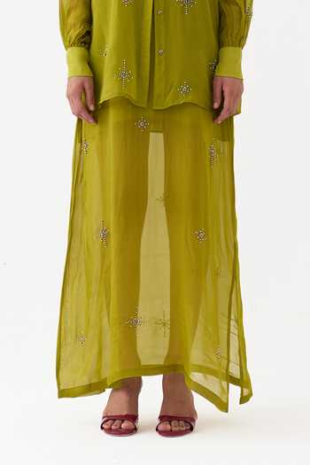 Buy Three Lime Organza Collared Neck Shirt And Dress Set Buy_Three_Lime Organza Collared Neck Shirt And Dress Set