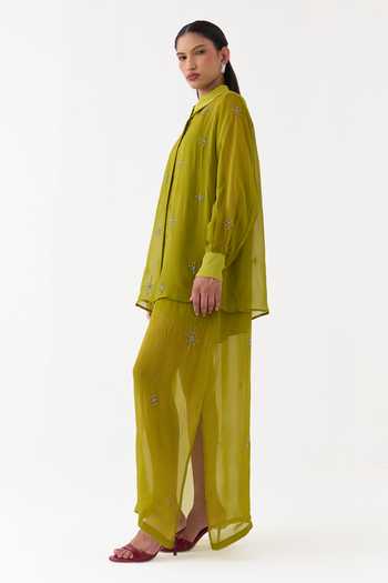 Shop Three Lime Organza Collared Neck Shirt And Dress Set Shop_Three_Lime Organza Collared Neck Shirt And Dress Set