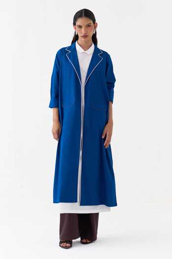 Shop_Three_Blue Poplin, Chanderi, Handloom Cotton Collared Neck Jacket Pant Set _Online_at_Aza_Fashions