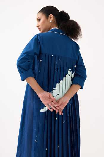 Three_Blue Poplin, Chanderi, Handloom Cotton Collared Neck Jacket Pant Set _at_Aza_Fashions