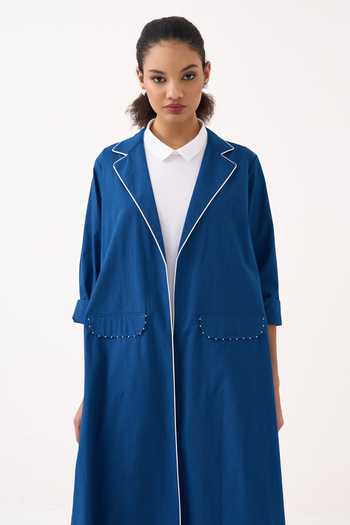 Buy_Three_Blue Poplin, Chanderi, Handloom Cotton Collared Neck Jacket Pant Set 