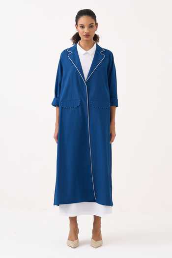 Shop_Three_Blue Poplin, Chanderi, Handloom Cotton Collared Neck Jacket Pant Set 