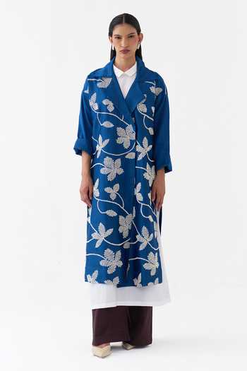 Three_Cobalt Chanderi, Poplin Collared Neck Embroidered Jacket Kurta Set _Online_at_Aza_Fashions