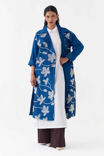 Buy_Three_Cobalt Chanderi, Poplin Collared Neck Embroidered Jacket Kurta Set _Online_at_Aza_Fashions