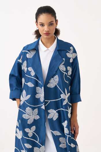 Three_Cobalt Chanderi, Poplin Collared Neck Embroidered Jacket Kurta Set _at_Aza_Fashions