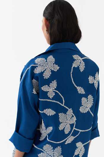 Buy_Three_Cobalt Chanderi, Poplin Collared Neck Embroidered Jacket Kurta Set 
