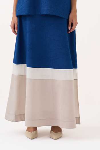 Buy_Three_Beige V-neck Textured Handwoven Mul Skirt And Top Set _Online_at_Aza_Fashions