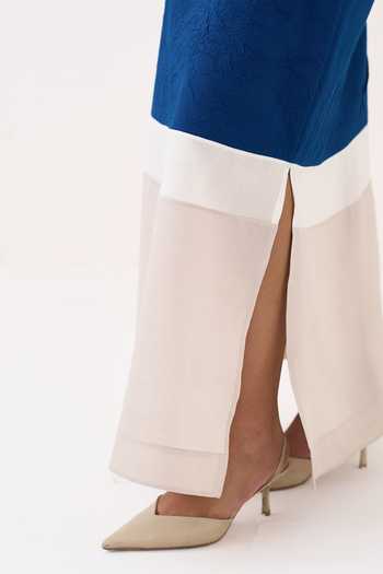 Three_Beige V-neck Textured Handwoven Mul Skirt And Top Set _at_Aza_Fashions