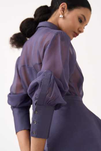 Buy Three Purple Organza, Poplin Collared Neck Beaded Shirt Set Buy_Three_Purple Organza, Poplin Collared Neck Beaded Shirt Set
