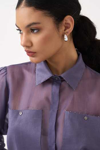 Shop Three Purple Organza, Poplin Collared Neck Beaded Shirt Set Shop_Three_Purple Organza, Poplin Collared Neck Beaded Shirt Set