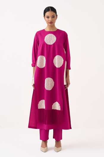 Shop_Three_Pink Cotton, Poplin Embroidery, Fringe Round Neck Side Tie Overlay Tunic _Online_at_Aza_Fashions