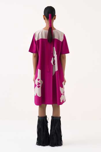 Three Chanderi Applique Floral Short Dress