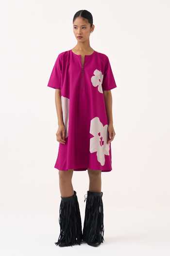 Three Chanderi Applique Floral Short Dress