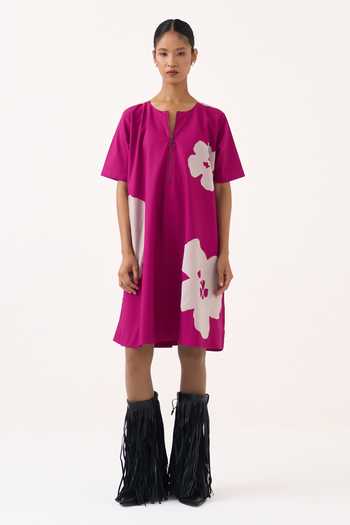 Three Pink Poplin Round Neck Chanderi Applique Floral Short Dress Online at Aza Fashions Three_Pink Poplin Round Neck Chanderi Applique Floral Short Dress _Online_at_Aza_Fashions