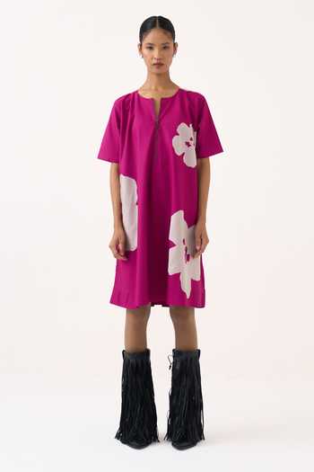 Buy Three Pink Poplin Round Neck Chanderi Applique Floral Short Dress Online at Aza Fashions Buy_Three_Pink Poplin Round Neck Chanderi Applique Floral Short Dress _Online_at_Aza_Fashions
