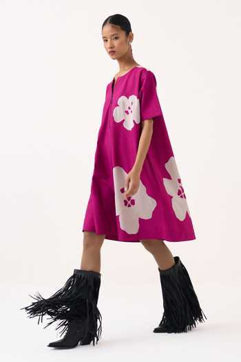 Shop Three Pink Poplin Round Neck Chanderi Applique Floral Short Dress Online at Aza Fashions Shop_Three_Pink Poplin Round Neck Chanderi Applique Floral Short Dress _Online_at_Aza_Fashions
