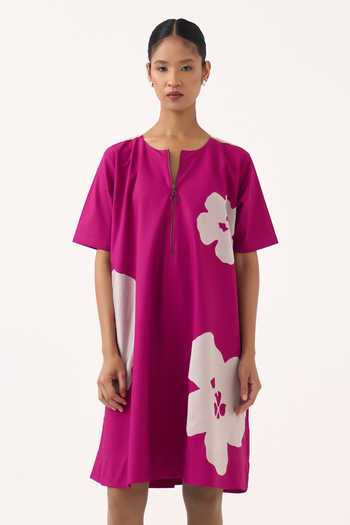 Three Pink Poplin Round Neck Chanderi Applique Floral Short Dress at Aza Fashions Three_Pink Poplin Round Neck Chanderi Applique Floral Short Dress _at_Aza_Fashions