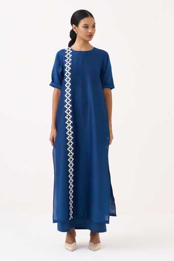 Three Cobalt Chanderi, Muslin (mulmul) Round Neck And Mul Dress Online at Aza Fashions Three_Cobalt Chanderi, Muslin (mulmul) Round Neck And Mul Dress _Online_at_Aza_Fashions