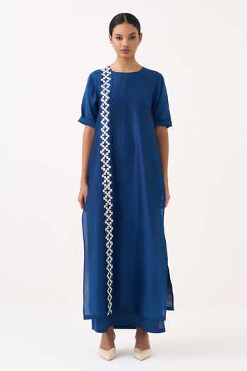 Buy Three Cobalt Chanderi, Muslin (mulmul) Round Neck And Mul Dress Online at Aza Fashions Buy_Three_Cobalt Chanderi, Muslin (mulmul) Round Neck And Mul Dress _Online_at_Aza_Fashions
