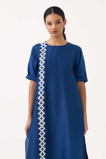 Shop Three Cobalt Chanderi, Muslin (mulmul) Round Neck And Mul Dress Online at Aza Fashions Shop_Three_Cobalt Chanderi, Muslin (mulmul) Round Neck And Mul Dress _Online_at_Aza_Fashions