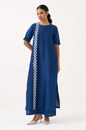 Three Cobalt Chanderi, Muslin (mulmul) Round Neck And Mul Dress at Aza Fashions Three_Cobalt Chanderi, Muslin (mulmul) Round Neck And Mul Dress _at_Aza_Fashions