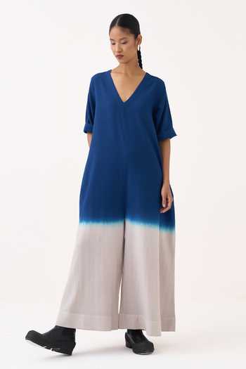 Shop Three Grey Cotton, Twill V-neck Dip Dye Jumpsuit Online at Aza Fashions Shop_Three_Grey Cotton, Twill V-neck Dip Dye Jumpsuit _Online_at_Aza_Fashions
